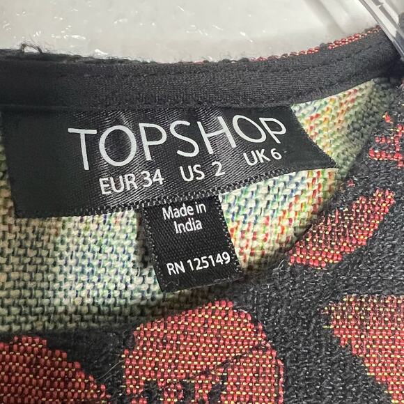 TOPSHOP Floral Sleeveless Sheath Mini Dress Round Neck Tweed Red Black Size 2 - Picture 8 of 10